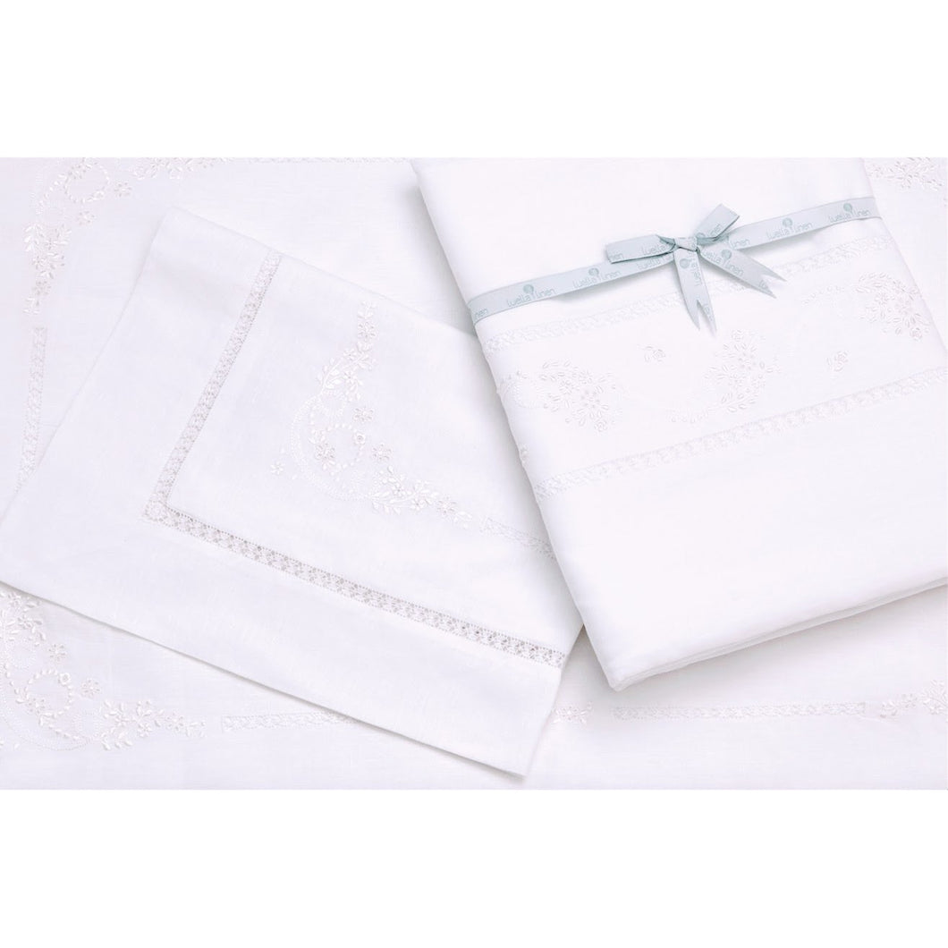 Pure Linen Bed Sets - hemstitched with hand embroidery, satin stitched and plain linen sets